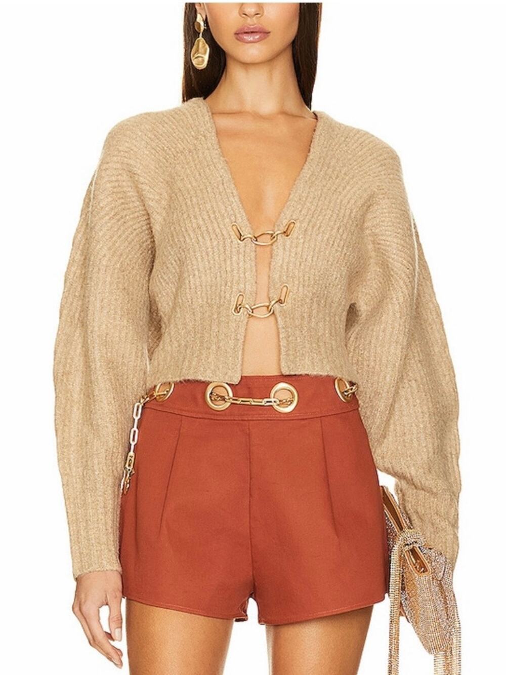 Cult Gaia Casella Chunky Rib Knit Cropped Cardigan Gold Chain Wool Blend Sweater